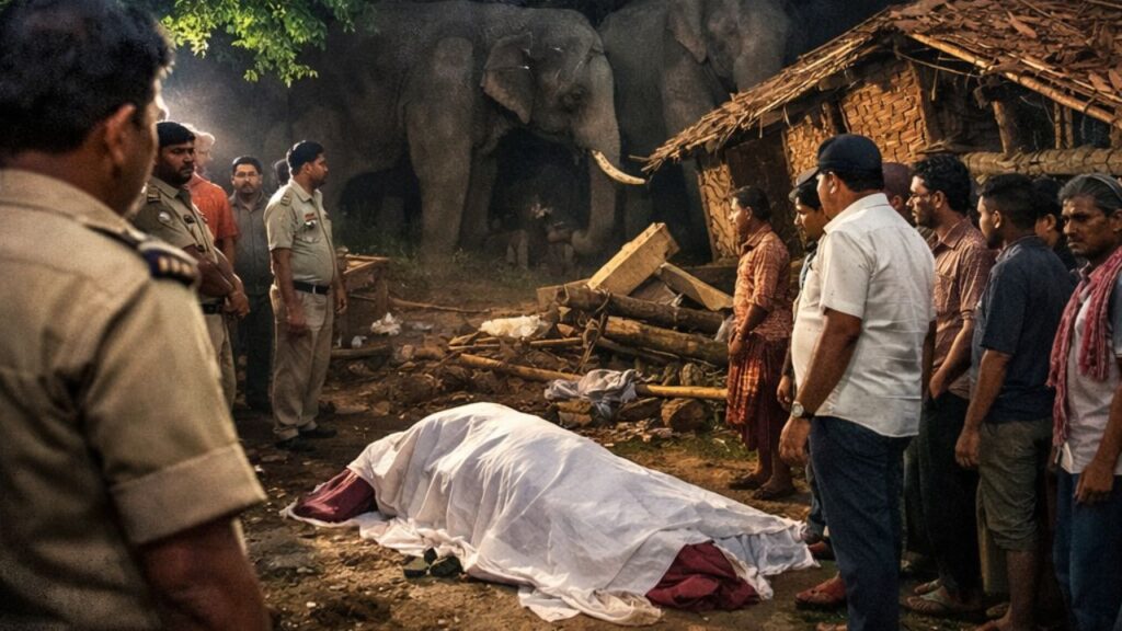 चुरचू के गोंदवार गांव में हाथियों के हमले के बाद घटनास्थल का दृश्य, जहां ग्रामीण और प्रशासन मौजूद हैं