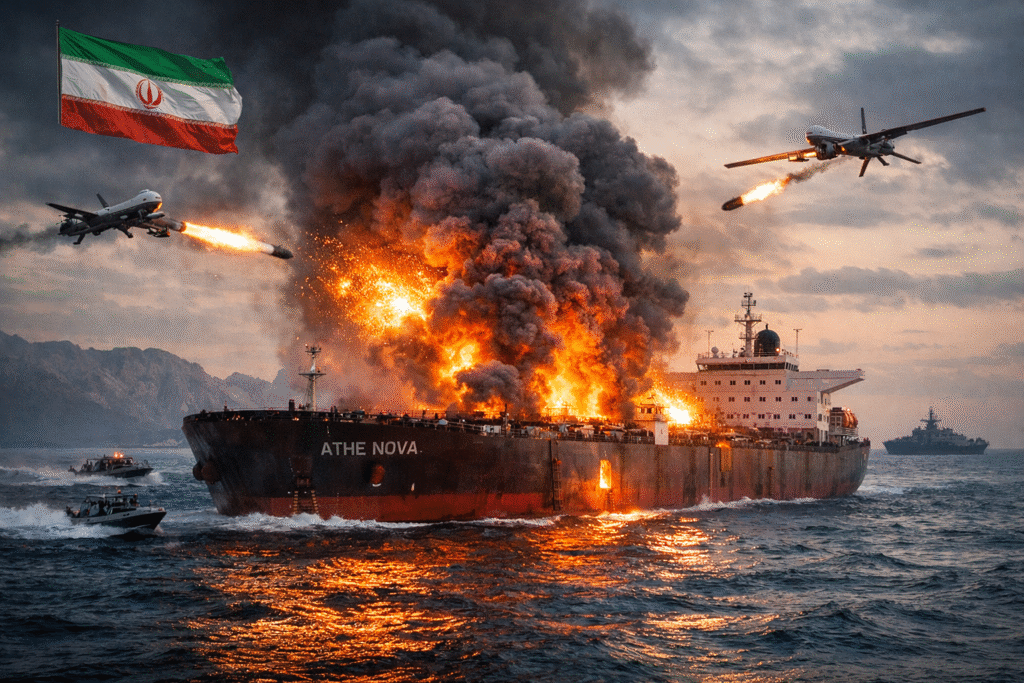 मध्य पूर्व में युद्ध तनाव के बीच तेल आपूर्ति संकट को दिखाता प्रतीकात्मक दृश्य जिसमें ऑयल पंप, तेल के बैरल और समुद्र में सैन्य जहाज दिखाई दे रहे हैं।