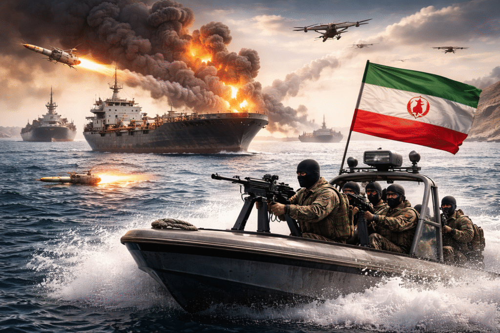 होर्मुज जलडमरूमध्य में युद्ध तनाव को दर्शाता दृश्य जिसमें समुद्र में जहाज, ड्रोन और मिसाइल हमले के बीच ईरानी गश्ती नौका दिखाई दे रही है।