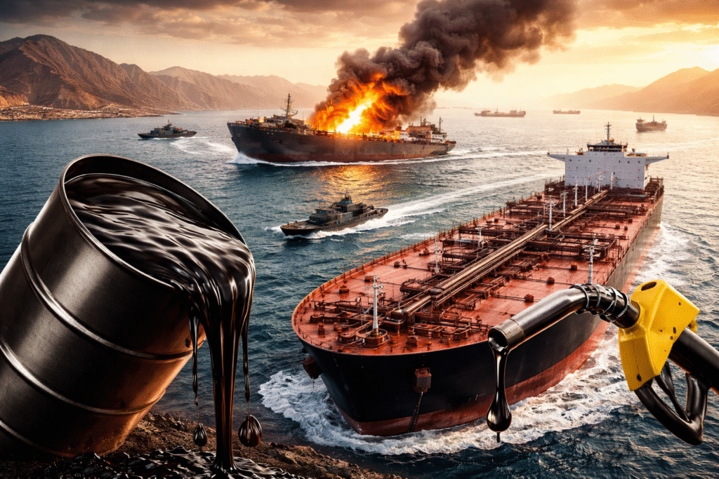 होर्मुज जलडमरूमध्य में तेल टैंकर और युद्ध तनाव के बीच बढ़ती कच्चे तेल की कीमत को दर्शाती तस्वीर