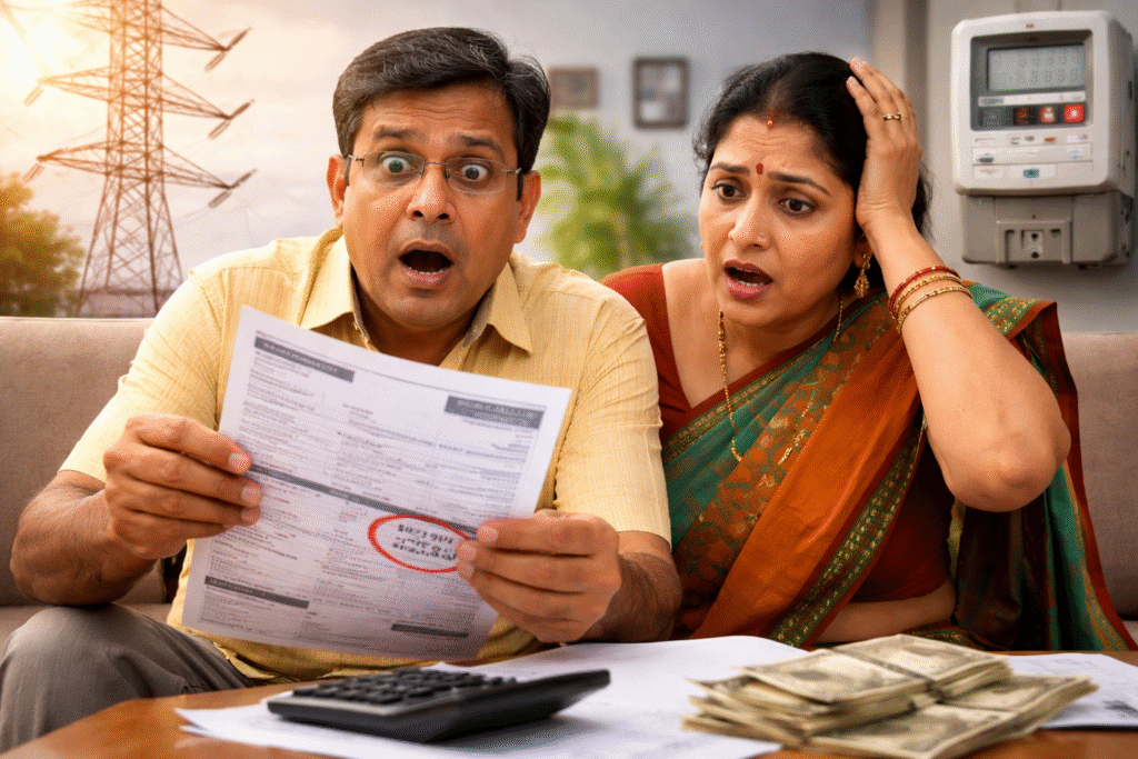 बढ़े हुए बिजली बिल को देखकर चिंतित भारतीय दंपति, बिजली दर बढ़ोतरी का प्रतीकात्मक चित्र.