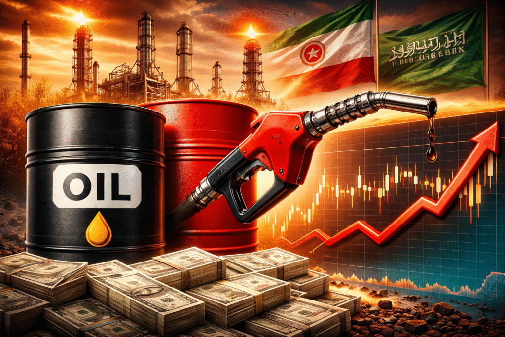 तेल की कीमतों में बढ़ोतरी को दर्शाता ग्राफ, ऑयल बैरल, डॉलर और मिडिल ईस्ट तनाव का प्रतीकात्मक दृश्य