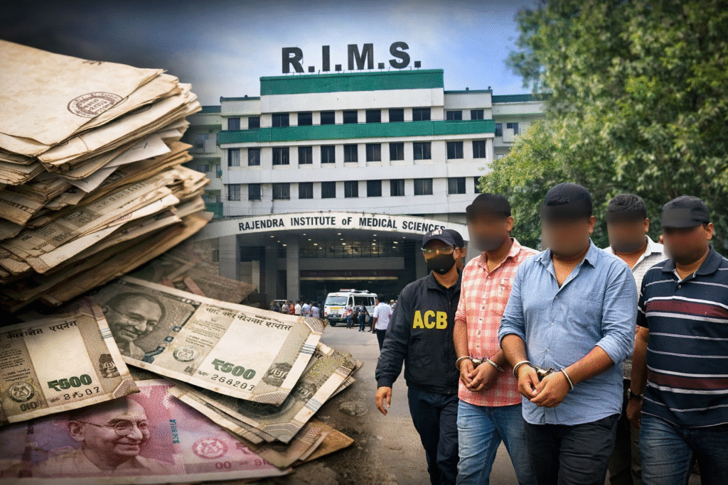 रांची के रिम्स अस्पताल की अधिग्रहित जमीन से जुड़े घोटाले में एंटी करप्शन ब्यूरो द्वारा चार आरोपियों की गिरफ्तारी, फर्जी वंशावली के जरिए जमीन की अवैध खरीद-बिक्री का मामला