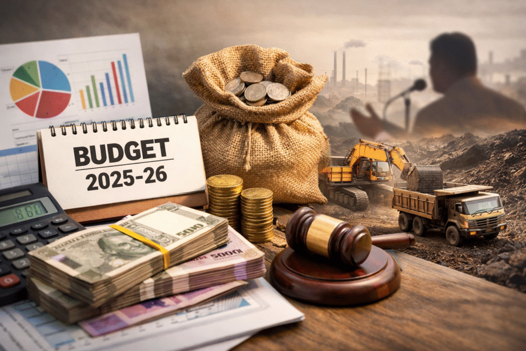 झारखंड बजट 2025-26 से जुड़ी प्रतीकात्मक तस्वीर, जिसमें वित्तीय दस्तावेज, कैलकुलेटर और सरकारी खर्च को दर्शाया गया है