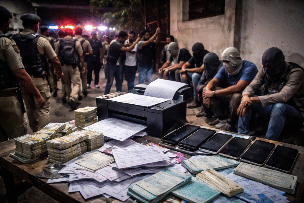 रांची में पुलिस छापेमारी के दौरान पेपर लीक गैंग का पर्दाफाश, टेबल पर नकदी, मोबाइल और प्रश्न-पत्र के साथ गिरफ्तार आरोपी