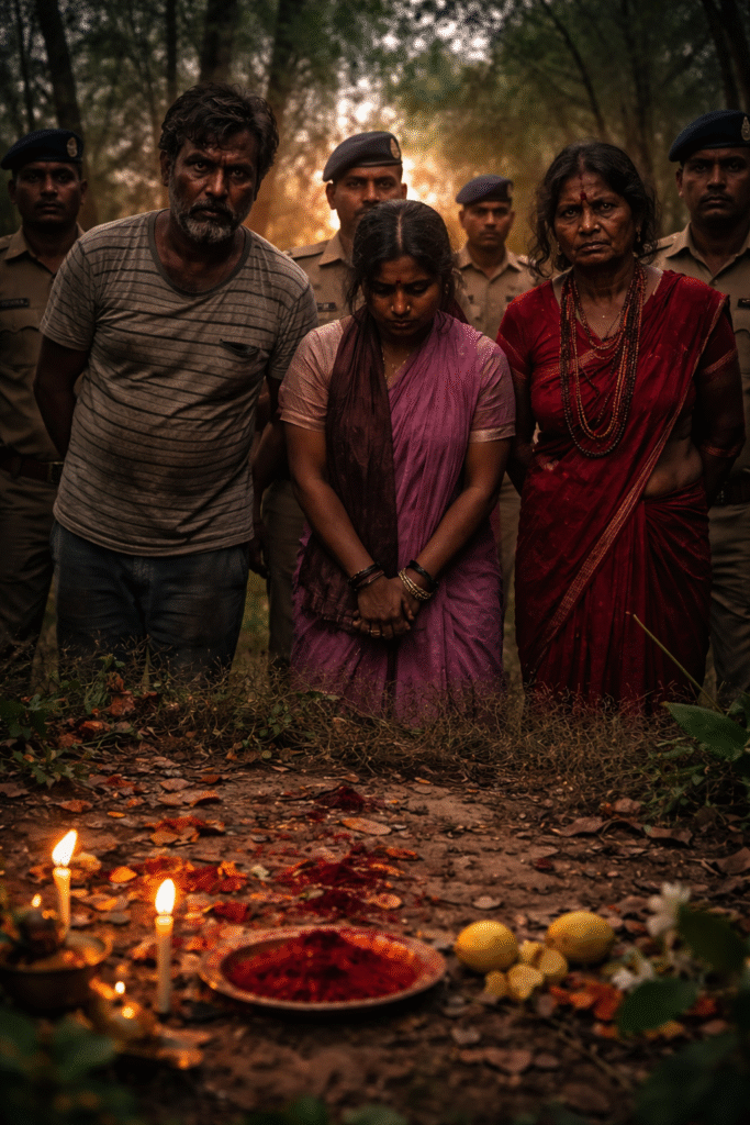 Hazaribagh crime case related image showing accused persons with police during investigation of black magic and superstition based murder case in Jharkhand