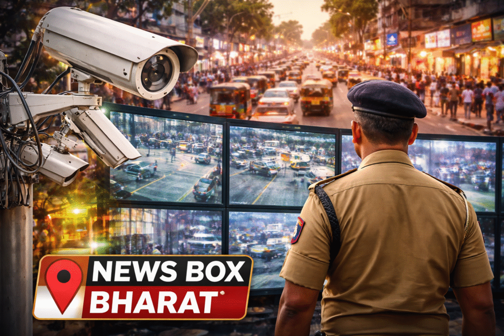 रांची शहर में CCTV कैमरा और पुलिस अधिकारी द्वारा मॉनिटरिंग करते हुए व्यस्त सड़क का दृश्य, सुरक्षा और निगरानी को दर्शाता हुआ