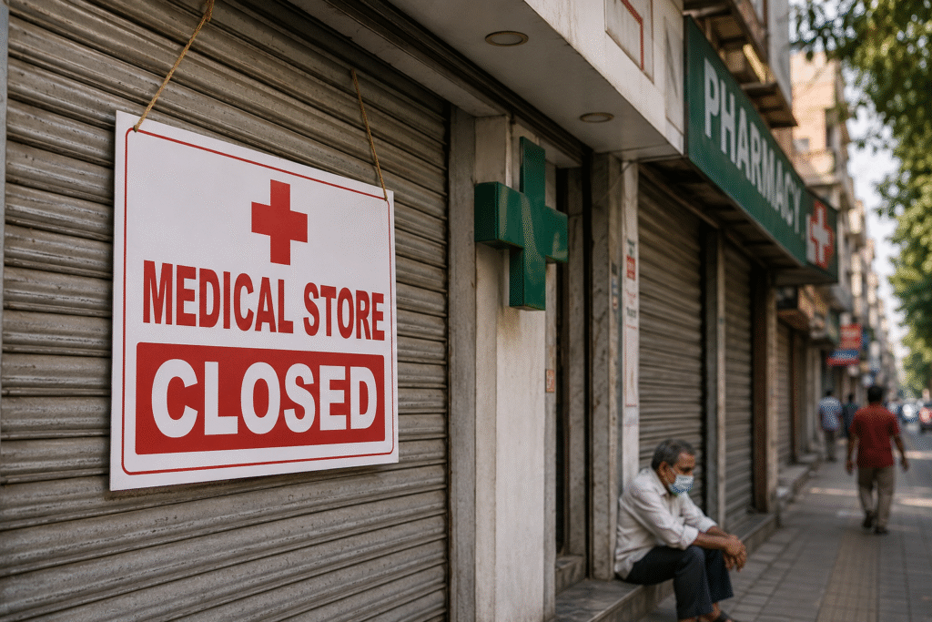 देशभर में केमिस्टों की हड़ताल के दौरान बंद मेडिकल स्टोर का दृश्य, शटर बंद और बाहर “Medical Store Closed” का बोर्ड लगा हुआ है।