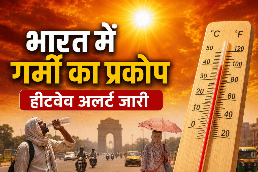 भारत में भीषण गर्मी को दर्शाती तस्वीर, तेज धूप, बड़ा थर्मामीटर और सड़क पर गर्मी से बचने की कोशिश करते लोग। हीटवेव अलर्ट और बढ़ते तापमान का प्रतीकात्मक दृश्य।