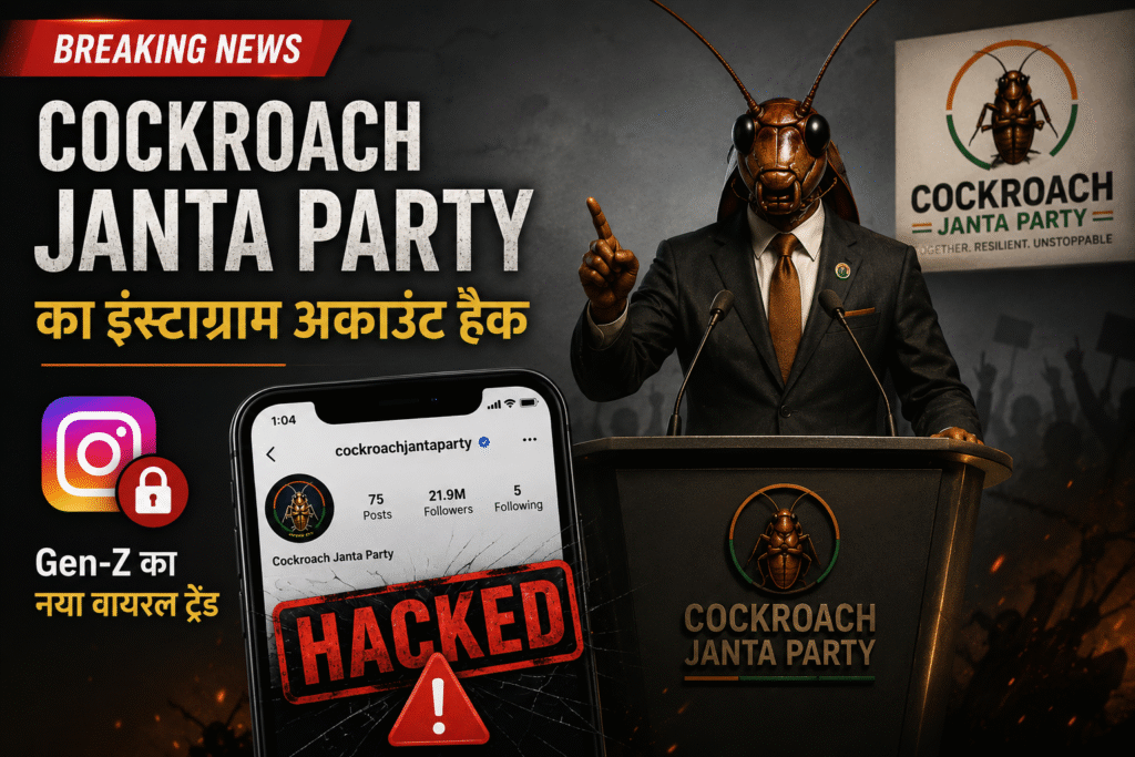 Cockroach Janta Party (CJP) के Instagram अकाउंट हैक होने की खबर को दर्शाता डिजिटल न्यूज़ थंबनेल, जिसमें Instagram लोगो, "HACKED" चेतावनी, और पार्टी के वायरल पोस्टर को दिखाया गया है।