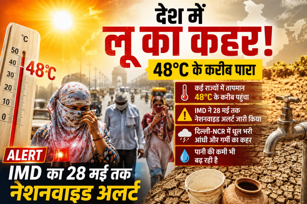 देश में भीषण गर्मी और लू को दर्शाता दृश्य, तेज धूप, 48°C तापमान दिखाता थर्मामीटर, गर्म हवाओं से परेशान लोग और सूखी जमीन।