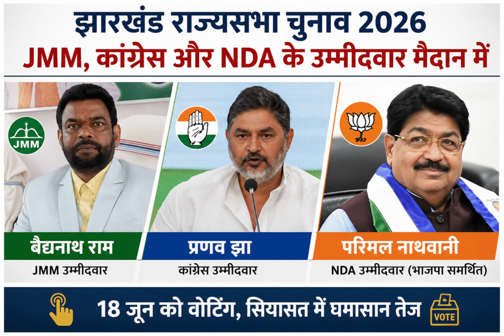 झारखंड राज्यसभा चुनाव 2026 का पोस्टर, जिसमें JMM उम्मीदवार बैद्यनाथ राम, कांग्रेस उम्मीदवार प्रणव झा और NDA समर्थित उम्मीदवार परिमल नाथवानी की तस्वीरें दिखाई गई हैं।
