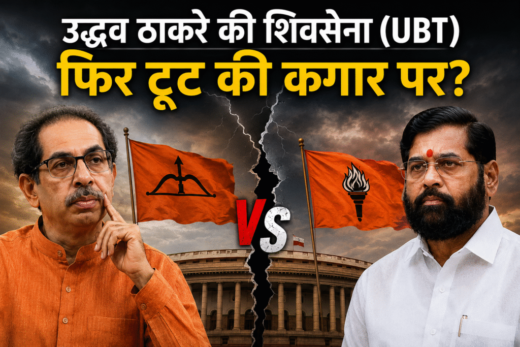 उद्धव ठाकरे और एकनाथ शिंदे की तस्वीरों के साथ राजनीतिक टकराव दर्शाता न्यूज ग्राफिक, बीच में शिवसेना के दो धड़ों के झंडे और संसद भवन की पृष्ठभूमि, शीर्षक: "उद्धव ठाकरे की शिवसेना (UBT) फिर टूट की कगार पर?"