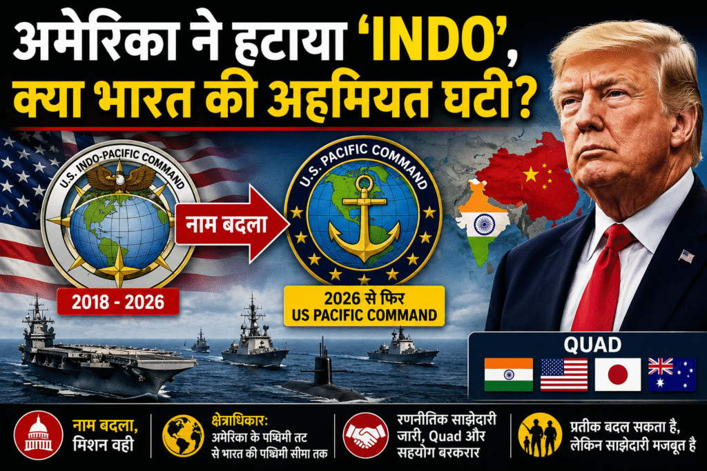 अमेरिका द्वारा US Indo-Pacific Command का नाम बदलकर US Pacific Command किए जाने पर आधारित यूट्यूब थंबनेल। चित्र में डोनाल्ड ट्रंप, अमेरिका और भारत के झंडे, चीन का नक्शा, सैन्य जहाज तथा दोनों कमांड के लोगो दिखाए गए हैं।
