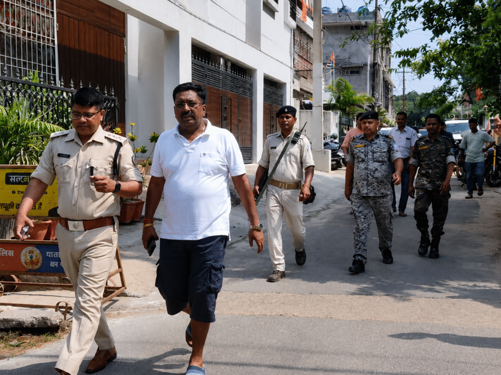 रांची में RSS कार्यालय पर कथित पेट्रोल बम हमले के बाद जांच करती पुलिस टीम।