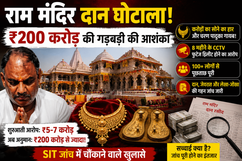 राम मंदिर दान विवाद: ₹200 करोड़ तक की गड़बड़ी की आशंका, सोने का हार और चरण पादुका गायब होने का दावा राम मंदिर दान विवाद से जुड़ी एक न्यूज़ थंबनेल, जिसमें राम मंदिर, सोने का हार, चरण पादुका, दान पेटी और SIT जांच का प्रतीकात्मक चित्रण दिखाया गया है। थंबनेल पर लिखा है – "राम मंदिर दान घोटाला! ₹200 करोड़ का खेल?"