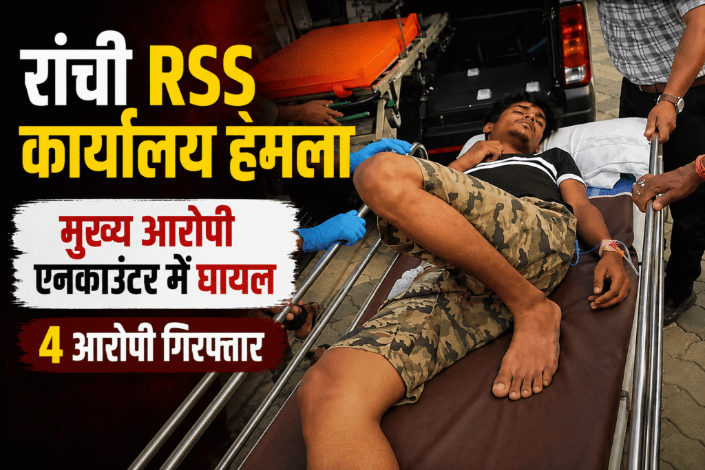रांची RSS कार्यालय हमले के मुख्य आरोपी सैफ को पुलिस मुठभेड़ में घायल होने के बाद स्ट्रेचर पर अस्पताल ले जाते स्वास्थ्यकर्मी। आरोपी पर RSS कार्यालय पर पेट्रोल बम हमले में शामिल होने का आरोप है।