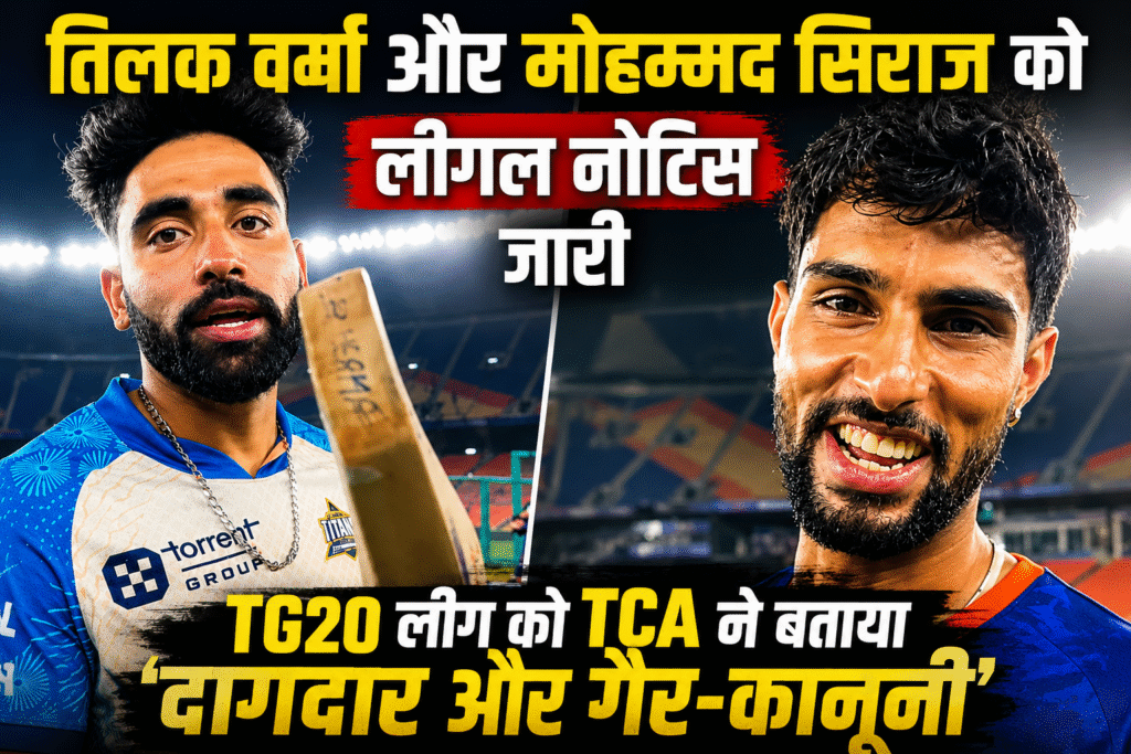 तिलक वर्मा और मोहम्मद सिराज को TG20 लीग विवाद में TCA द्वारा जारी कानूनी नोटिस से जुड़ी तस्वीर।