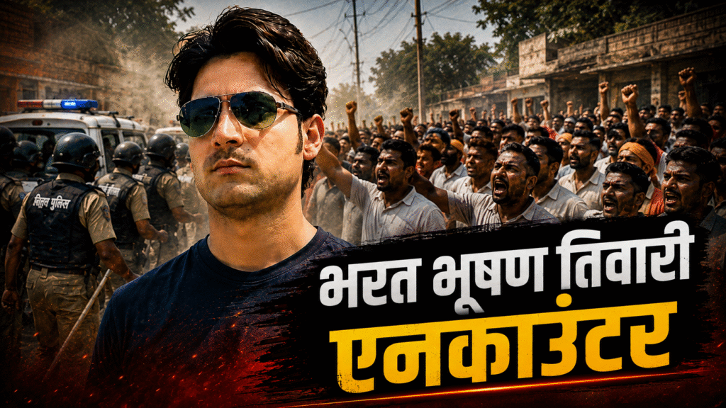 भरत भूषण तिवारी एनकाउंटर मामले पर विरोध प्रदर्शन और पुलिस कार्रवाई को दर्शाता सांकेतिक चित्र।