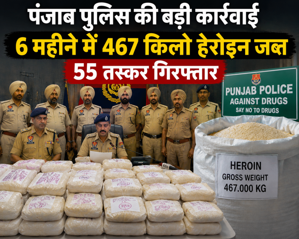 पंजाब में नशे के खिलाफ बड़ी कार्रवाई: 6 महीने में 467 किलो हेरोइन जब्त, 55 तस्कर गिरफ्तार पंजाब पुलिस द्वारा जब्त की गई हेरोइन और नशा तस्करों के खिलाफ चलाया गया अभियान।