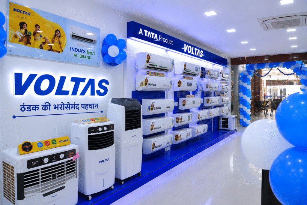 81 दिनों में 10 लाख AC बेचकर Voltas ने बनाया रिकॉर्ड, शेयरों में 5% की जोरदार उछाल Voltas AC शोरूम में प्रदर्शित एयर कंडीशनर और कूलिंग प्रोडक्ट्स, 81 दिनों में 10 लाख AC बिक्री के रिकॉर्ड से जुड़ी तस्वीर।