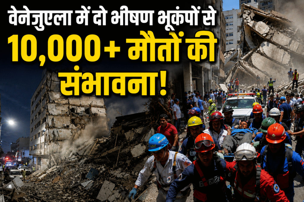 वेनेजुएला के काराकास में 7.2 और 7.5 तीव्रता के दो भूकंपों के बाद ढही इमारतें, मलबे में राहत एवं बचाव अभियान चलाते बचावकर्मी।