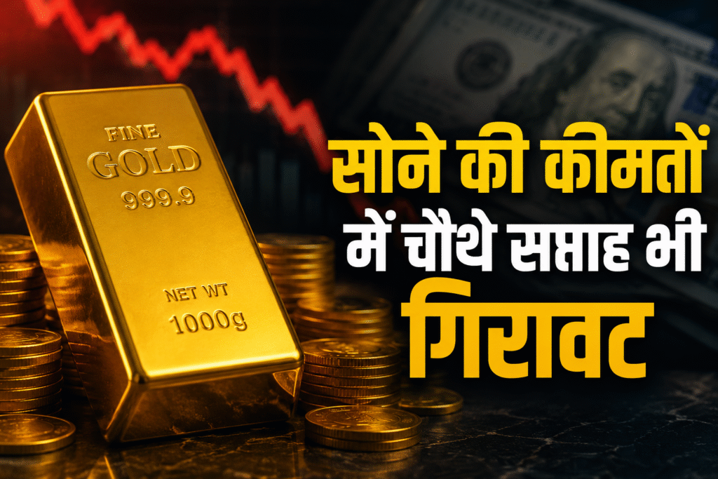 सोने की कीमतों में लगातार चौथे सप्ताह गिरावट का संकेत देता गोल्ड बार और डॉलर