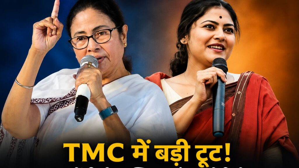 णमूल कांग्रेस (TMC) में कथित बगावत को दर्शाता राजनीतिक थंबनेल, जिसमें ममता बनर्जी और सायोनी घोष की तस्वीरें हैं।