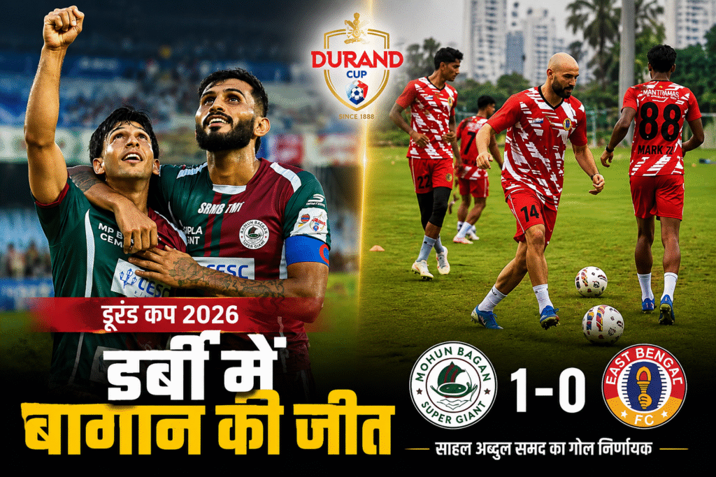 डूरंड कप 2026 के कोलकाता डर्बी में मोहन बागान सुपर जायंट की जीत के बाद खिलाड़ियों का जश्न और ईस्ट बंगाल के खिलाड़ी मैदान पर अभ्यास करते हुए।