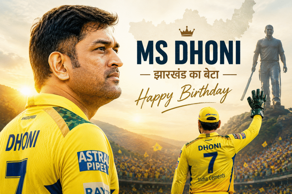 MS Dhoni, Rishab Shetty, Ringo Starr समेत इन मशहूर हस्तियों के साथ शेयर करते हैं अपना जन्मदिन हेंद्र सिंह धोनी के जन्मदिन पर शुभकामना पोस्टर, जिसमें उन्हें झारखंड का बेटा और भारत का गौरव बताया गया है।