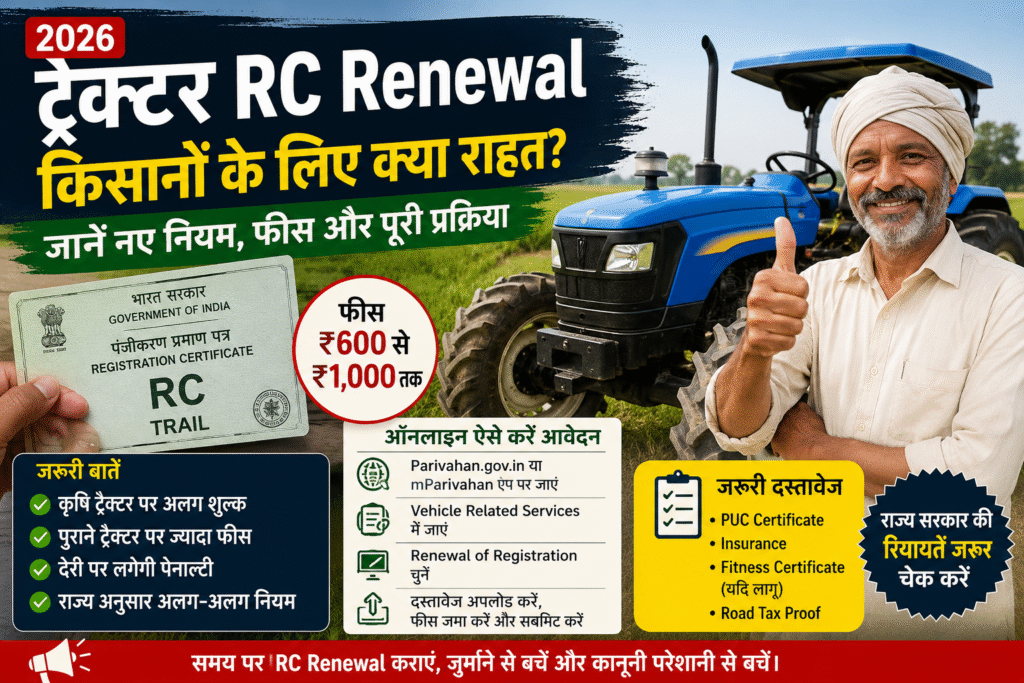 ट्रैक्टर RC Renewal 2026: किसानों को क्या मिली राहत? जानें फीस, नियम और ऑनलाइन आवेदन की पूरी प्रक्रिया