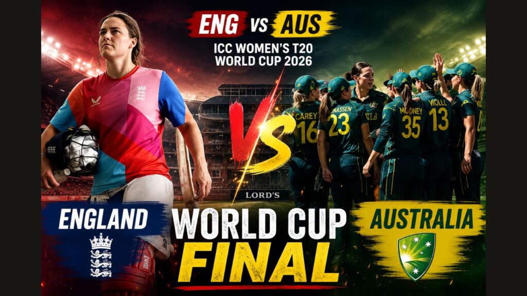 लॉर्ड्स में ICC महिला टी20 विश्व कप 2026 फाइनल से पहले इंग्लैंड और ऑस्ट्रेलिया महिला क्रिकेट टीम की प्रतीकात्मक तस्वीर